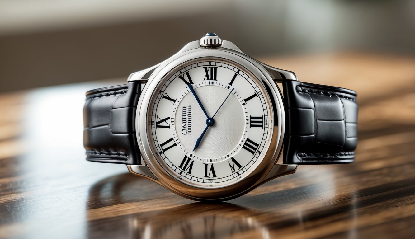 Jam tangan Cartier pria elegan dengan tali kulit dan angka Romawi, diletakkan di atas permukaan kayu dengan latar belakang buram.