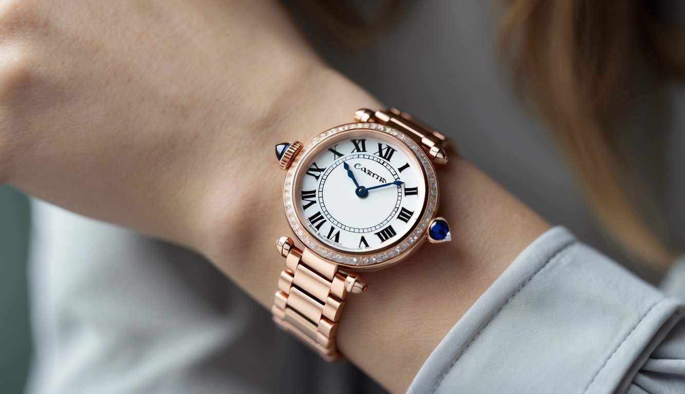 Jam tangan Cartier wanita asli yang elegan dipakai di pergelangan tangan seorang wanita dengan latar belakang minimalis.