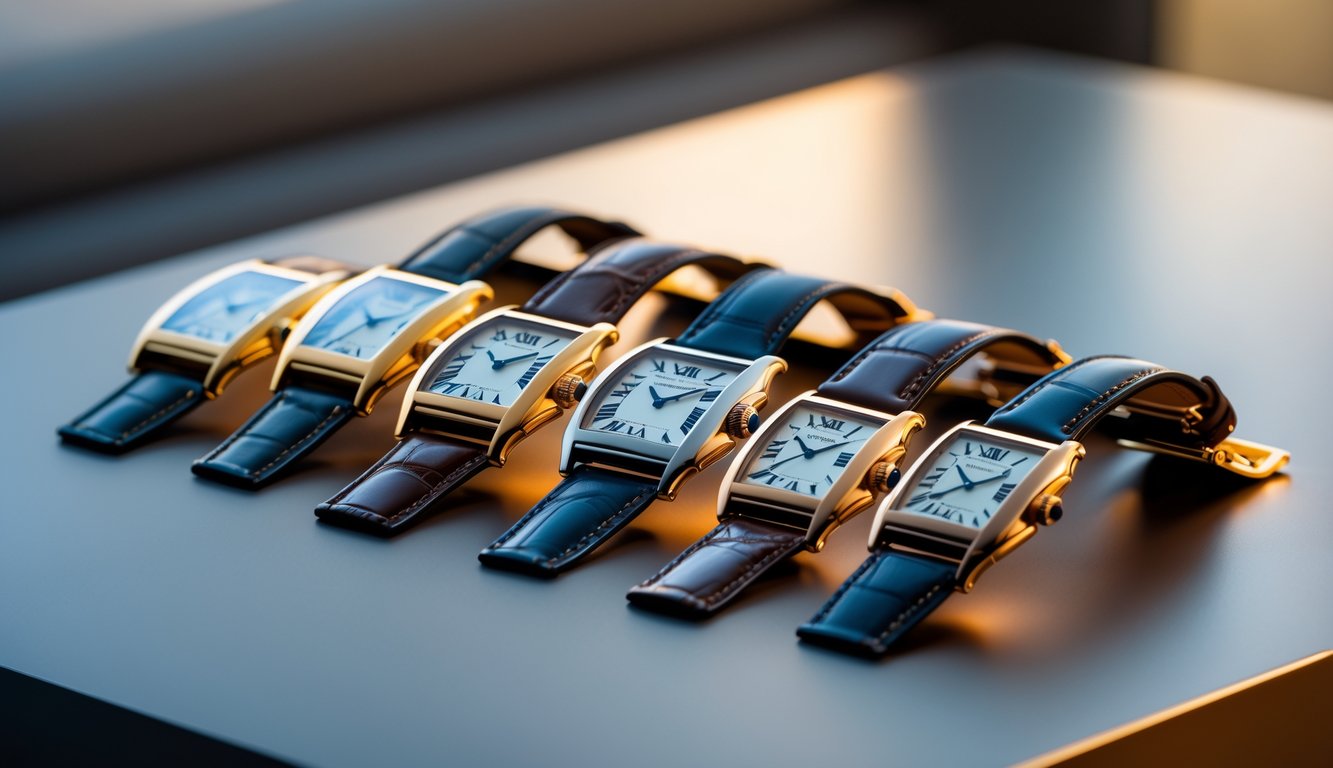 Beberapa jam tangan Cartier asli yang ditata rapi di atas permukaan modern dengan latar belakang buram.