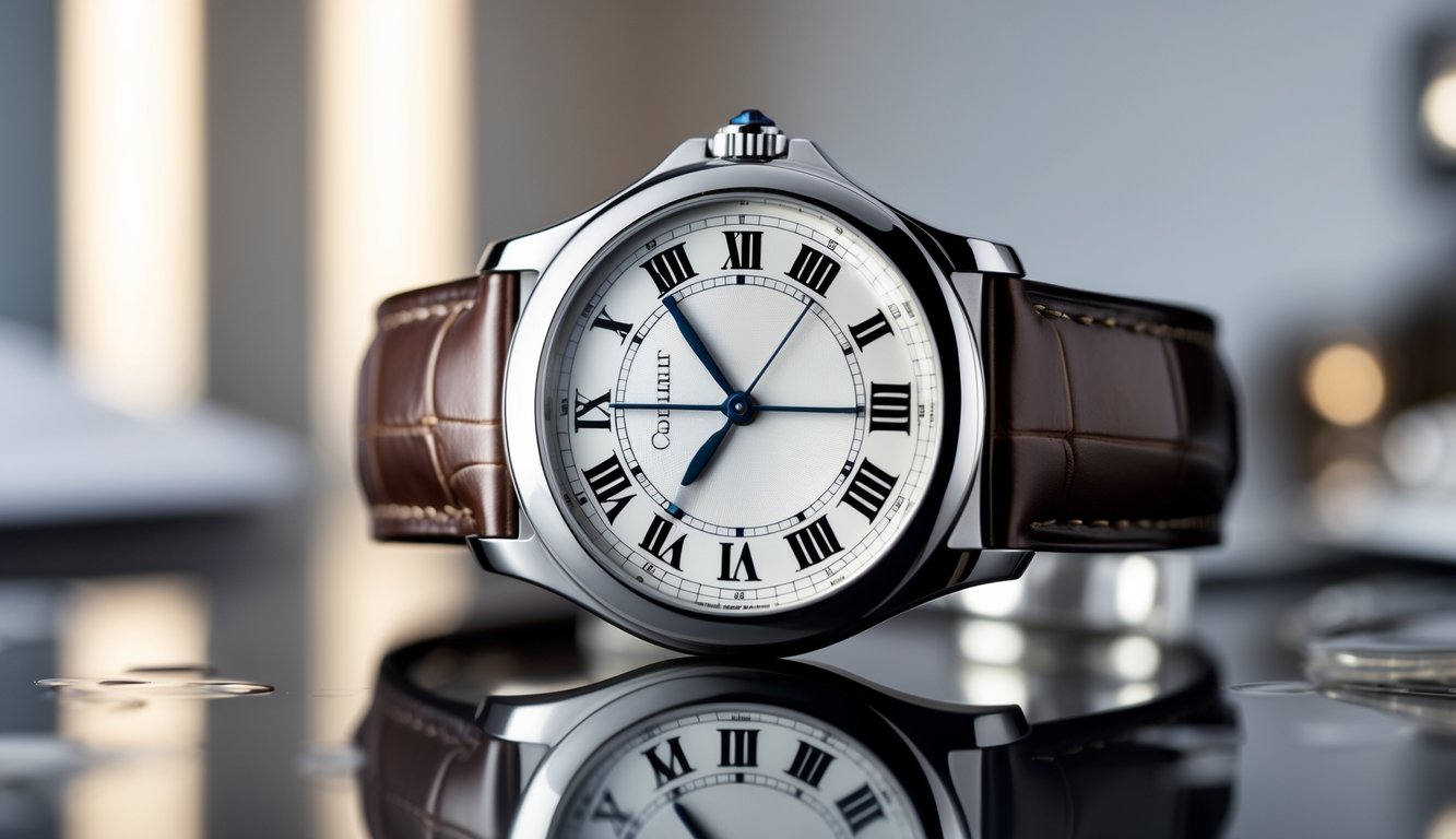 Jam tangan Cartier mewah dengan desain klasik diletakkan di atas permukaan reflektif dengan latar belakang minimalis.