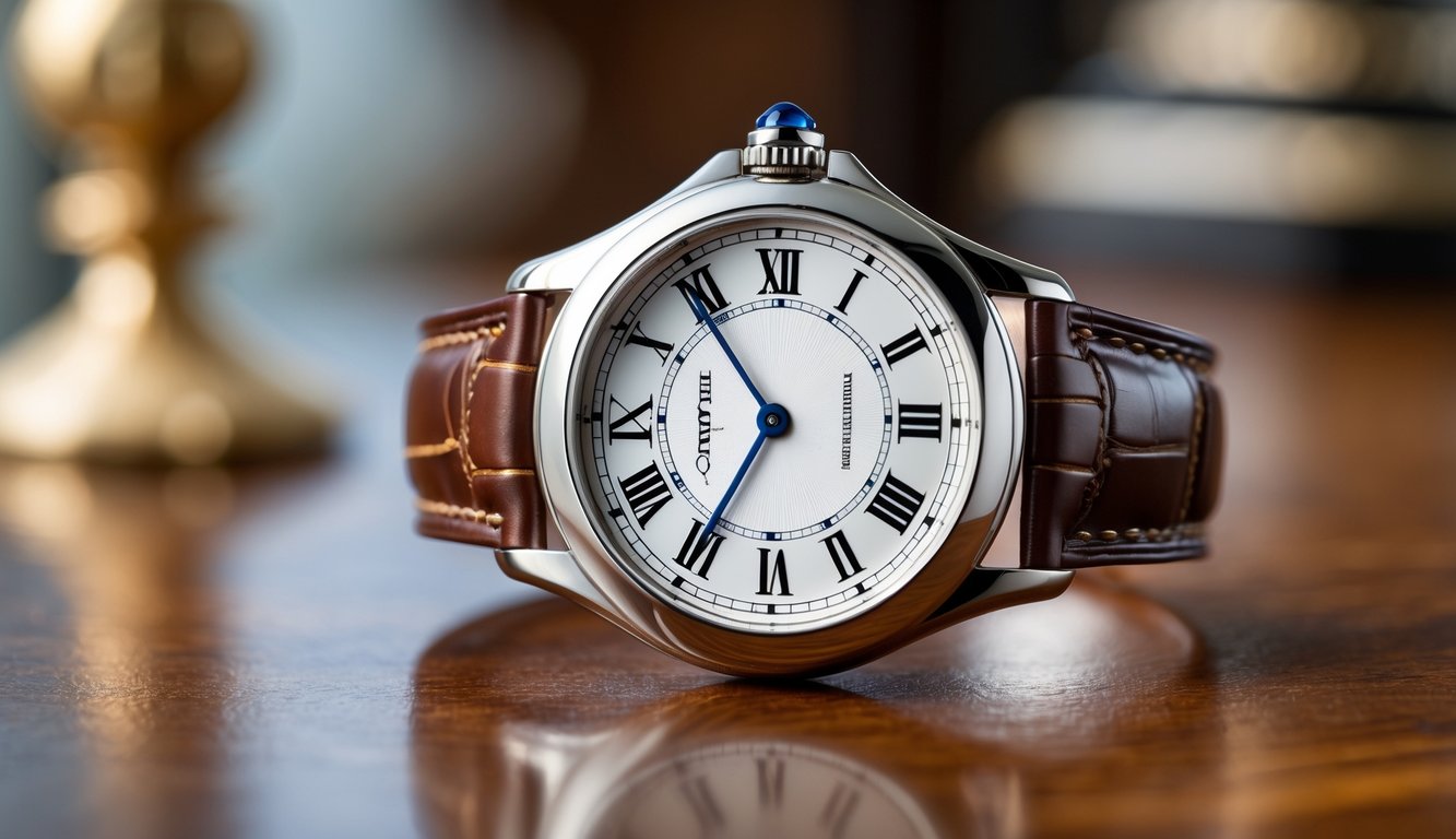 Foto jam tangan Cartier mewah dengan tali kulit coklat diletakkan di atas permukaan kayu yang halus.