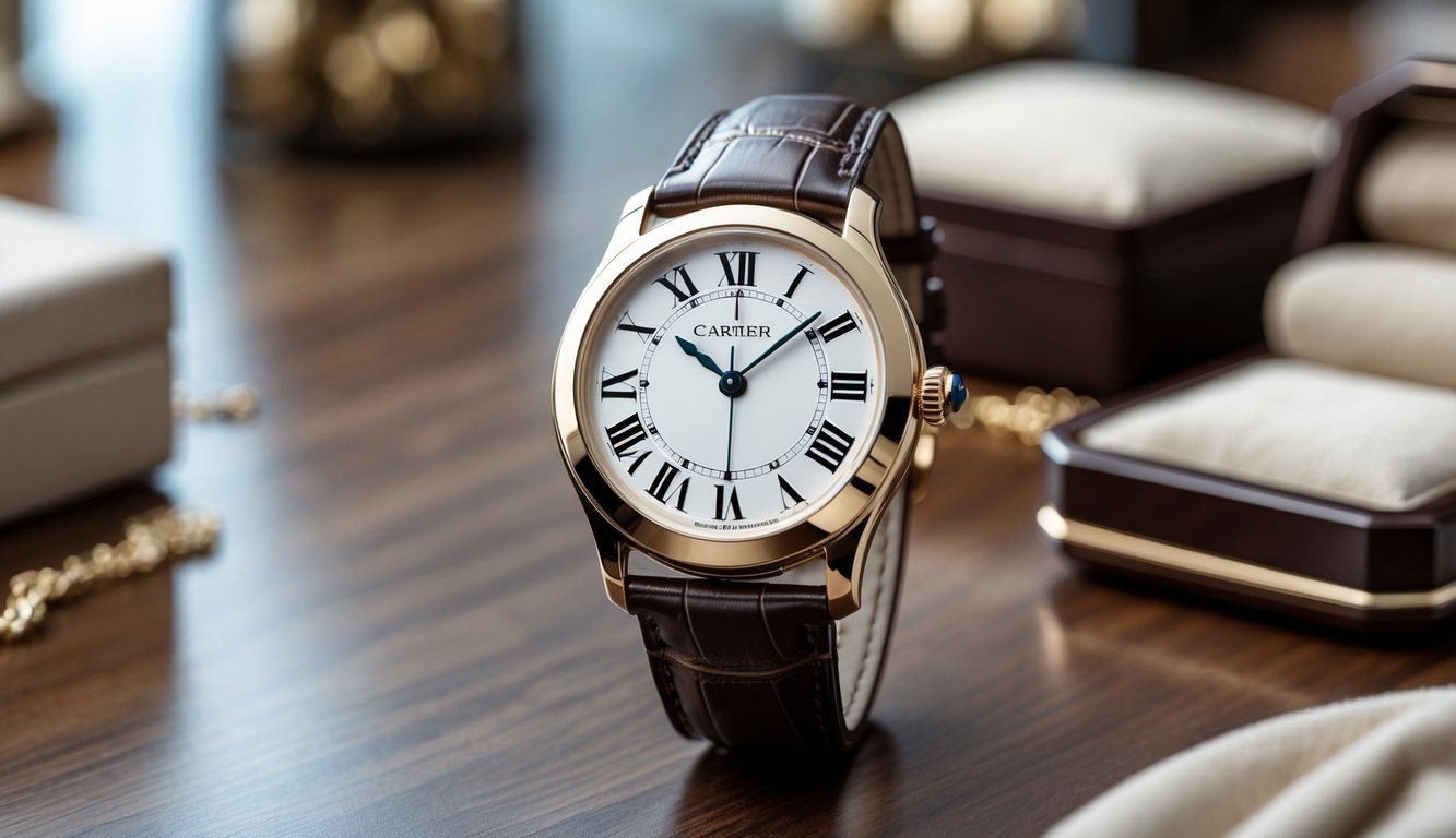 Jam tangan Cartier asli yang elegan diletakkan di atas permukaan kayu dengan latar belakang butik mewah yang samar.