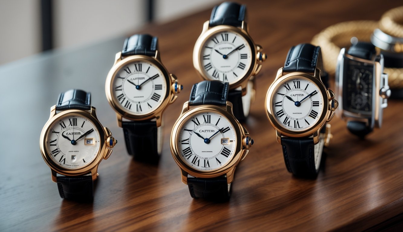 Beberapa jam tangan Cartier asli dan edisi terbatas yang ditempatkan rapi di atas permukaan kayu dengan pencahayaan lembut.