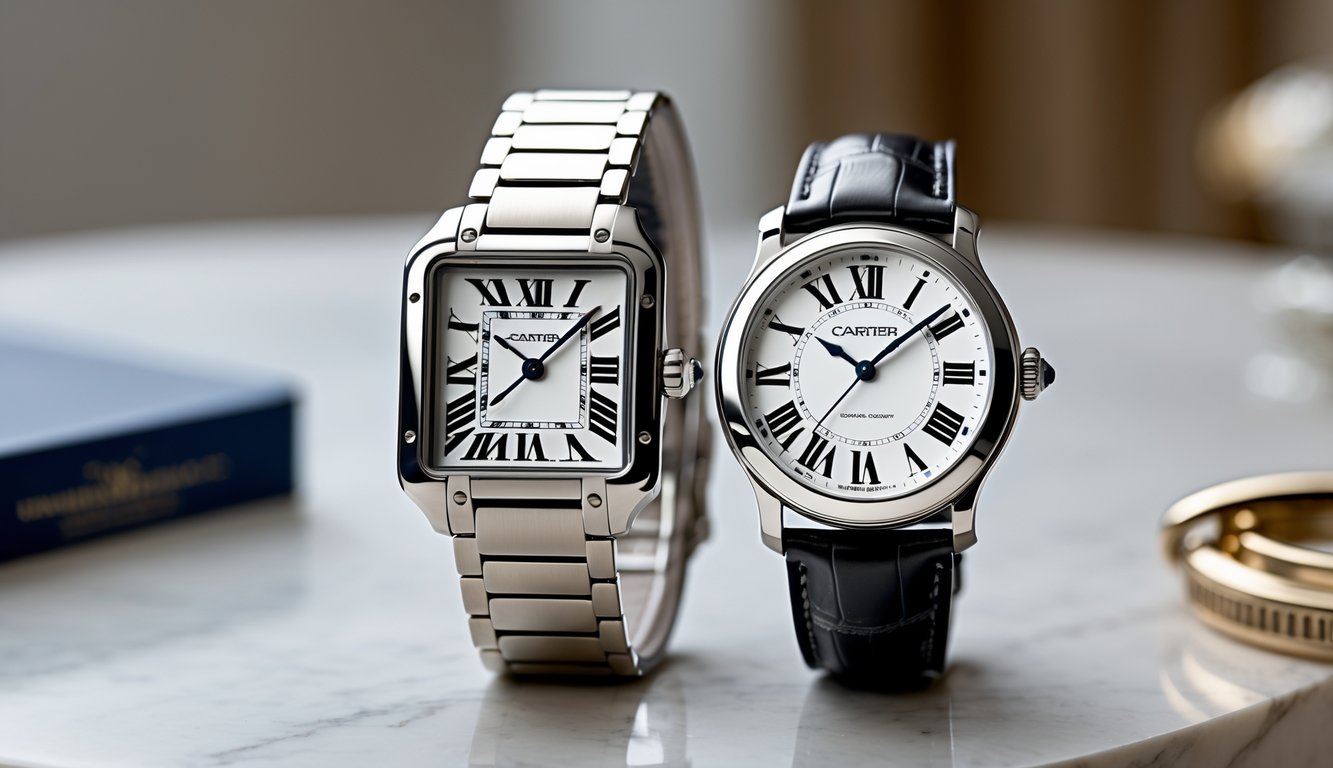 Dua jam tangan mewah diletakkan berdampingan di atas permukaan bersih, satu dengan tali logam dan satu dengan tali kulit, menampilkan detail desain dan kualitas tinggi.