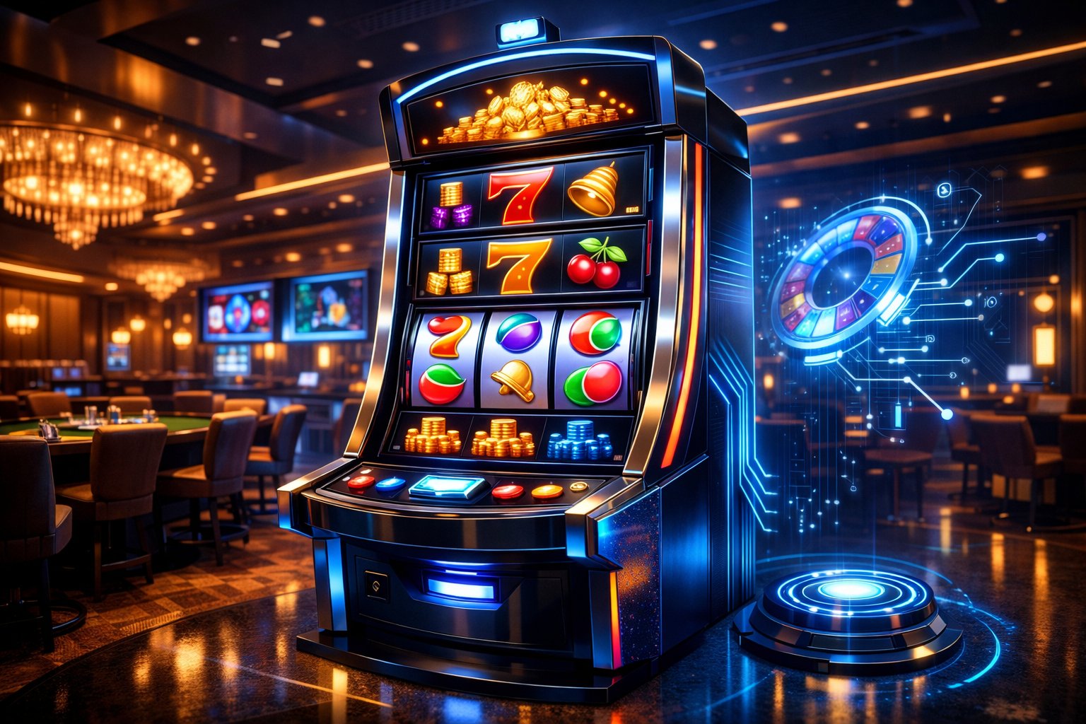 A Modern Casino Scene Featuring A HighTech Slot Machine Surrounded By Gaming Tables And Digital Displays.