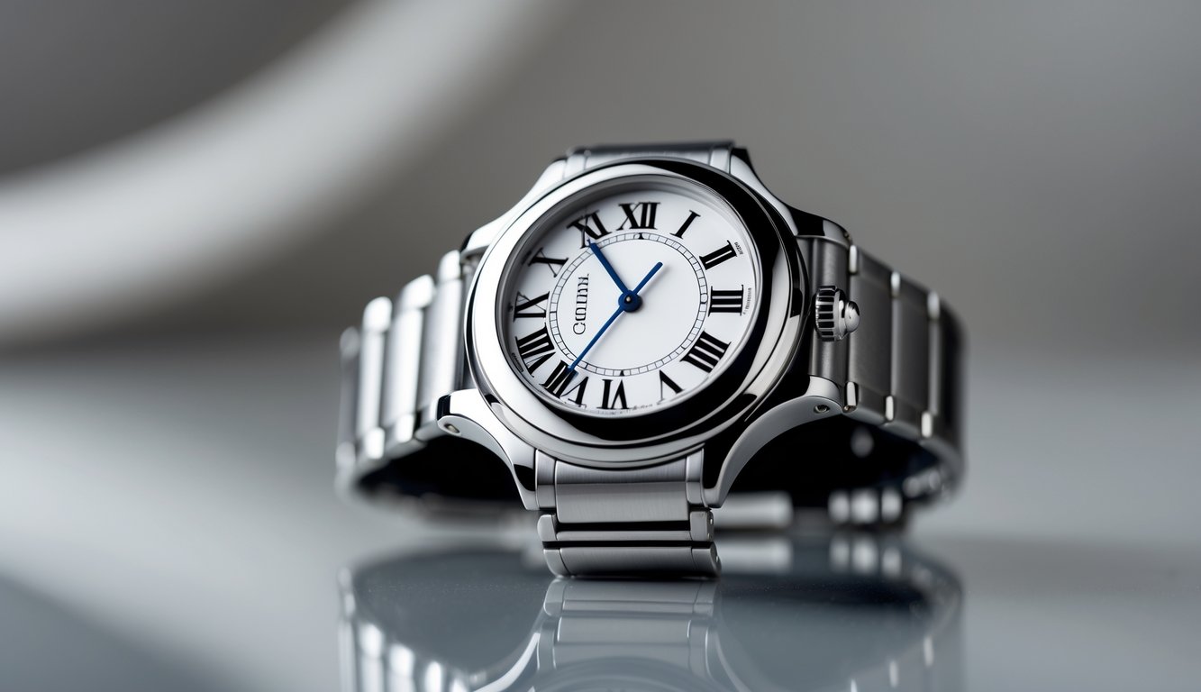 Foto close-up jam tangan Cartier asli dengan detail yang jelas dan latar belakang minimalis.