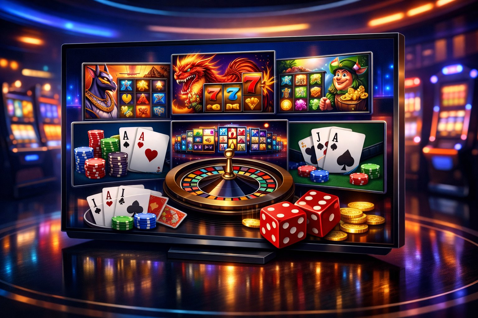 A Digital Interface Displaying A Variety Of Casino Games Including Slot Machines, Poker Cards, Roulette Wheels, And Dice In A Modern Casino Setting.