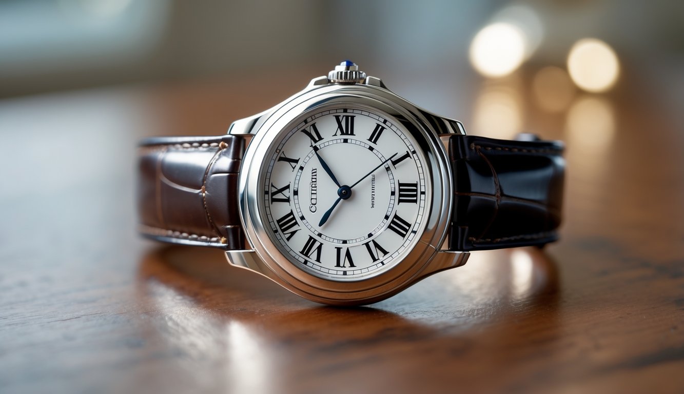 Foto jam tangan Cartier mewah dengan tali kulit dan penanda angka Romawi, diletakkan di atas permukaan kayu yang halus.