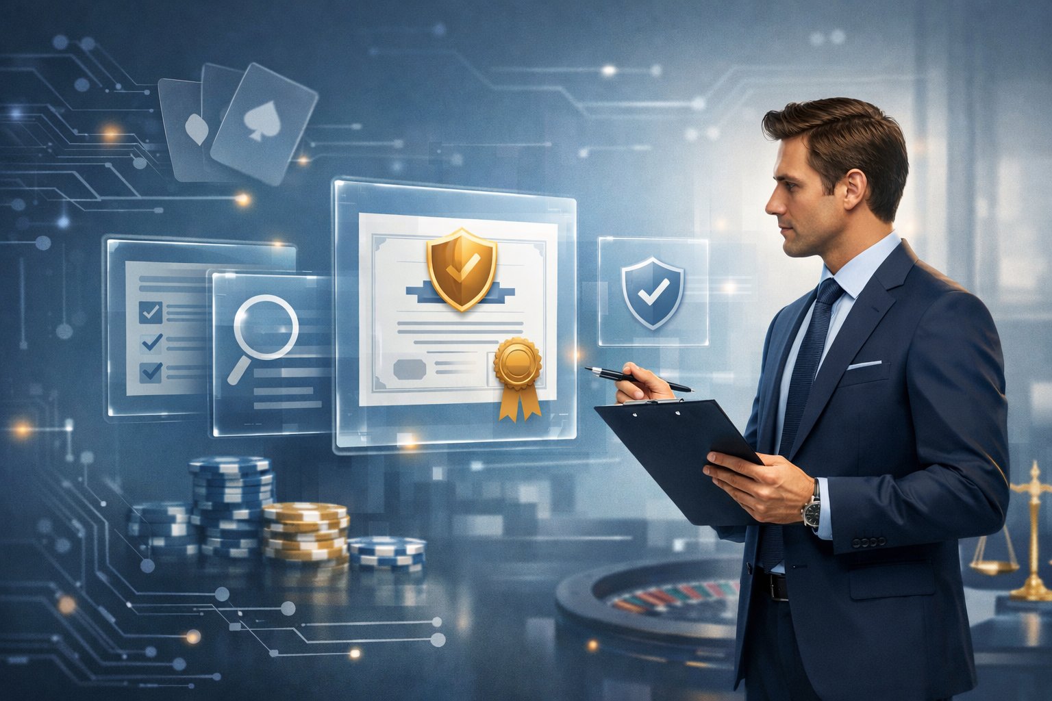 A Business Professional Reviewing Digital Documents And Certificates Related To Casino Game Licensing And Compliance In A Modern Office Setting.