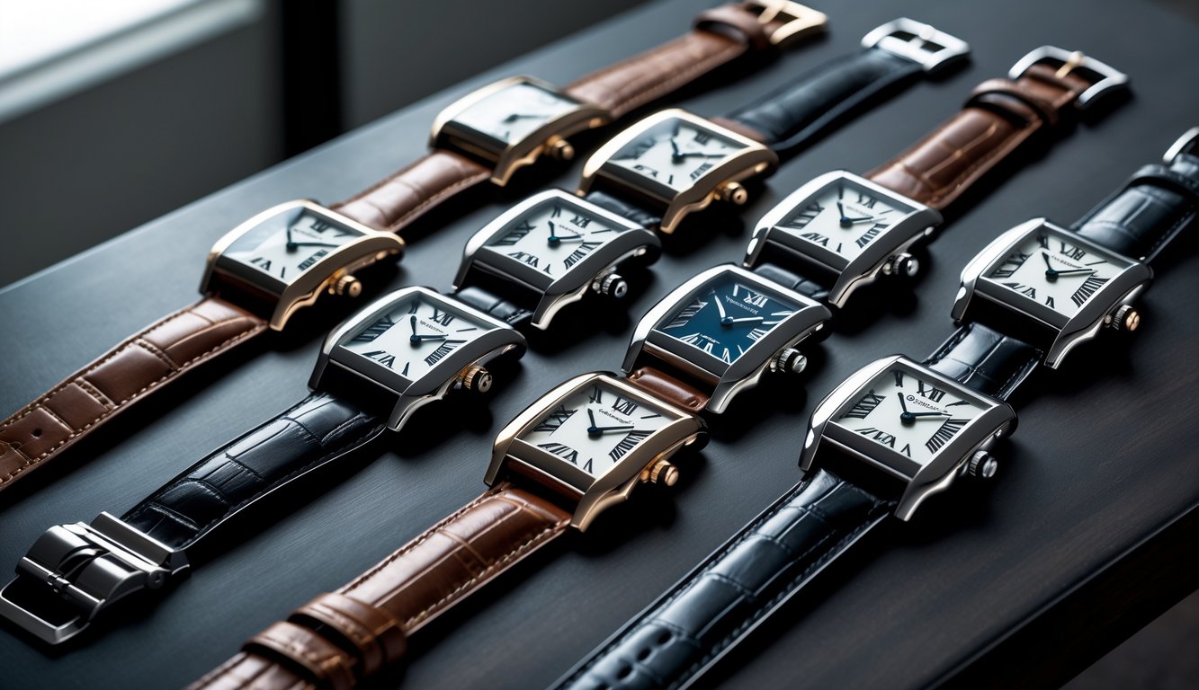 Koleksi jam tangan Cartier asli dan terbaik ditata rapi di atas permukaan kayu gelap.