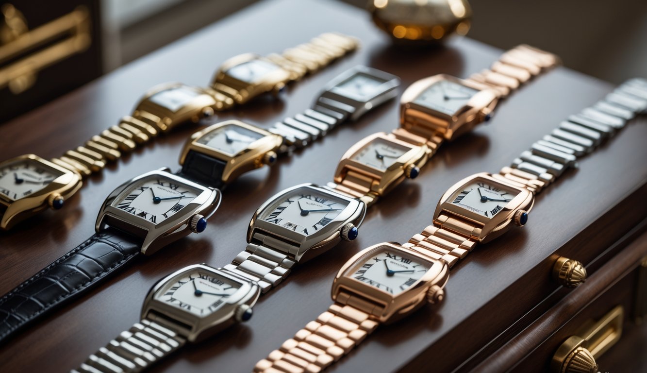 Beberapa jam tangan Cartier asli dan terbaik ditampilkan di atas permukaan kayu dengan pencahayaan lembut.