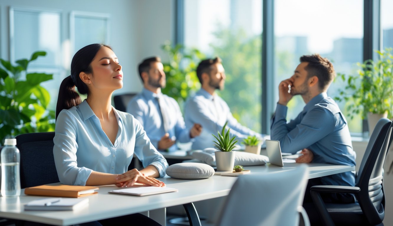 Beberapa pekerja kantor sedang beristirahat dan menjaga kesehatan mental di ruang kerja yang tenang dengan cahaya alami dan tanaman hijau.