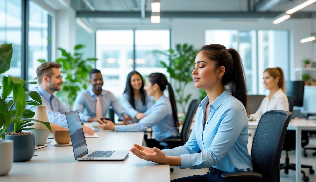 Sejumlah pekerja kantor sedang beristirahat dan melakukan aktivitas relaksasi di ruang kerja yang terang dan penuh tanaman.