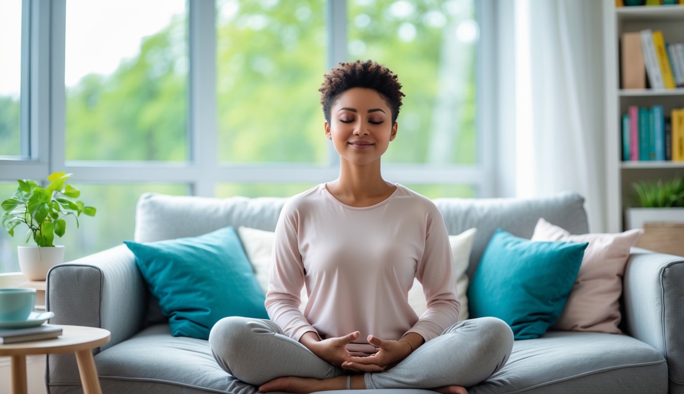 Seseorang duduk santai di sofa di ruang tamu yang terang sambil bermeditasi dengan mata tertutup dan tersenyum, dikelilingi tanaman dan suasana yang tenang.