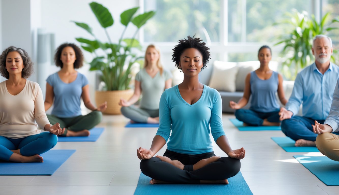 Beberapa orang sedang melakukan meditasi dan peregangan di ruangan yang terang dengan tanaman hijau, menunjukkan suasana tenang dan santai.
