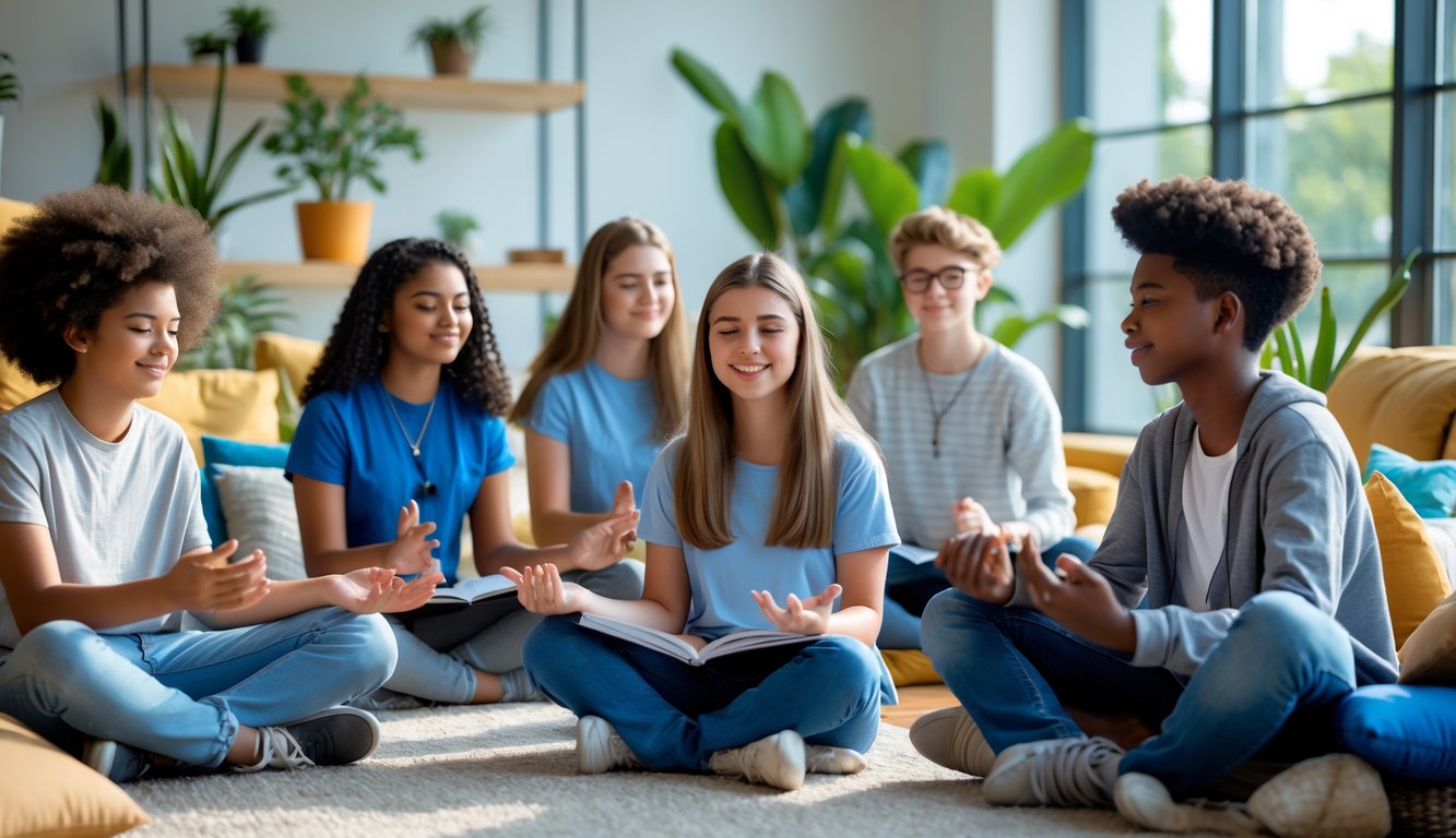 Sekelompok remaja sedang melakukan aktivitas menjaga kesehatan mental seperti meditasi, menulis jurnal, dan berbincang di ruangan yang nyaman dan terang.