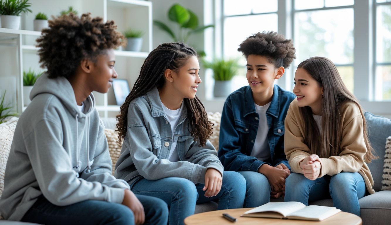 Sekelompok remaja duduk bersama di ruangan yang terang dan nyaman, berbincang dengan suasana yang santai dan penuh perhatian.