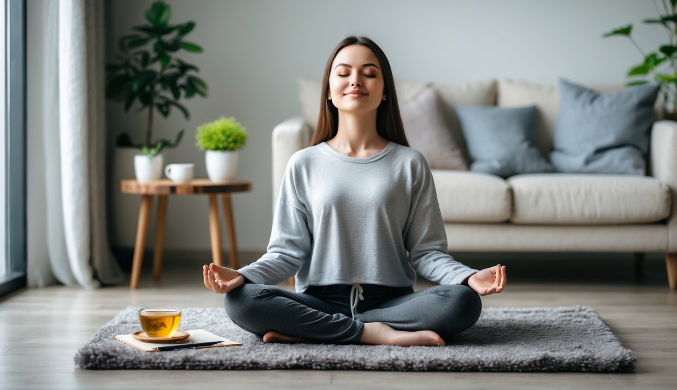 Seseorang duduk tenang di ruang tamu yang nyaman, bermeditasi dengan mata tertutup, dikelilingi tanaman dan cangkir teh, menciptakan suasana damai dan rileks.
