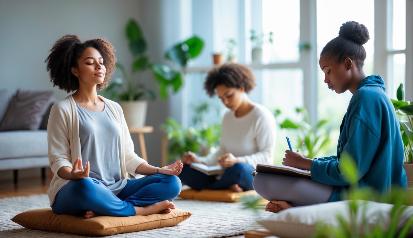 Orang-orang sedang bermeditasi dan menulis di ruang yang tenang dengan cahaya alami dan tanaman hijau.