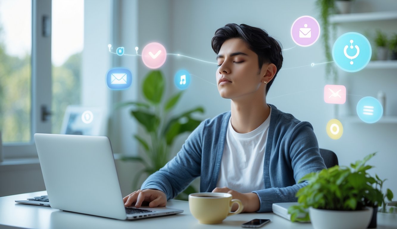 Seseorang duduk tenang di meja kerja dengan laptop dan teh, beristirahat sambil bermeditasi di ruang yang terang dengan tanaman hijau.