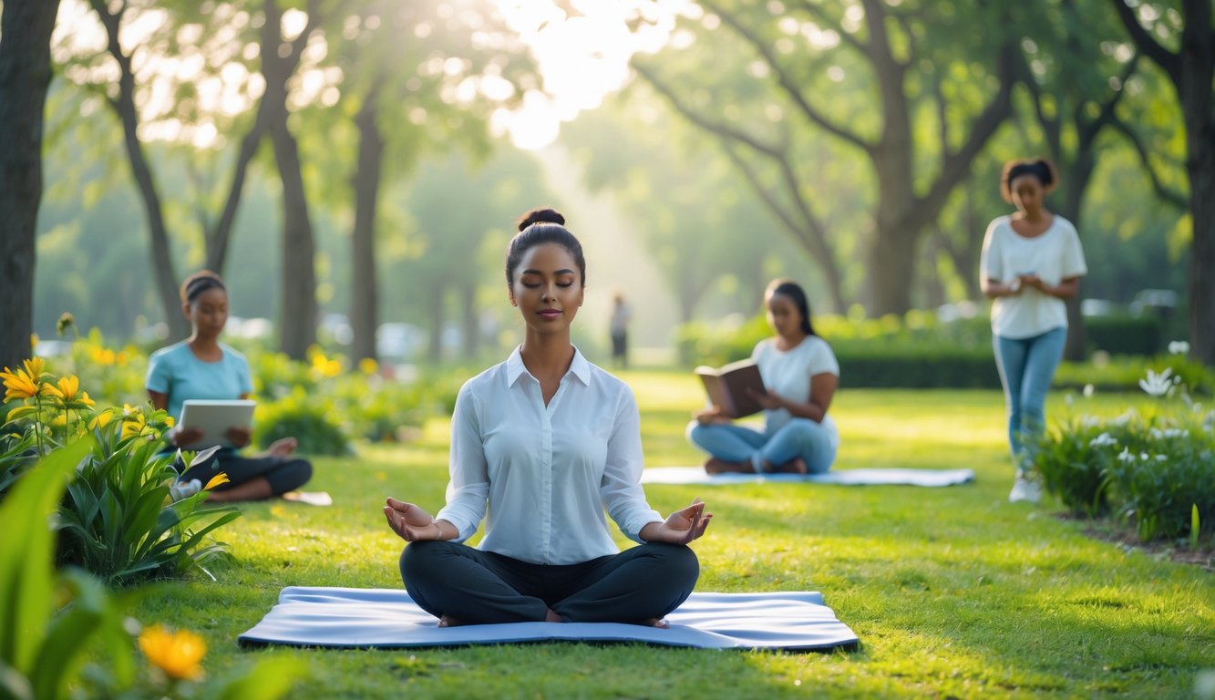 Beberapa orang melakukan aktivitas santai di luar ruangan seperti meditasi, menulis jurnal, dan berjalan di taman yang hijau dan cerah.