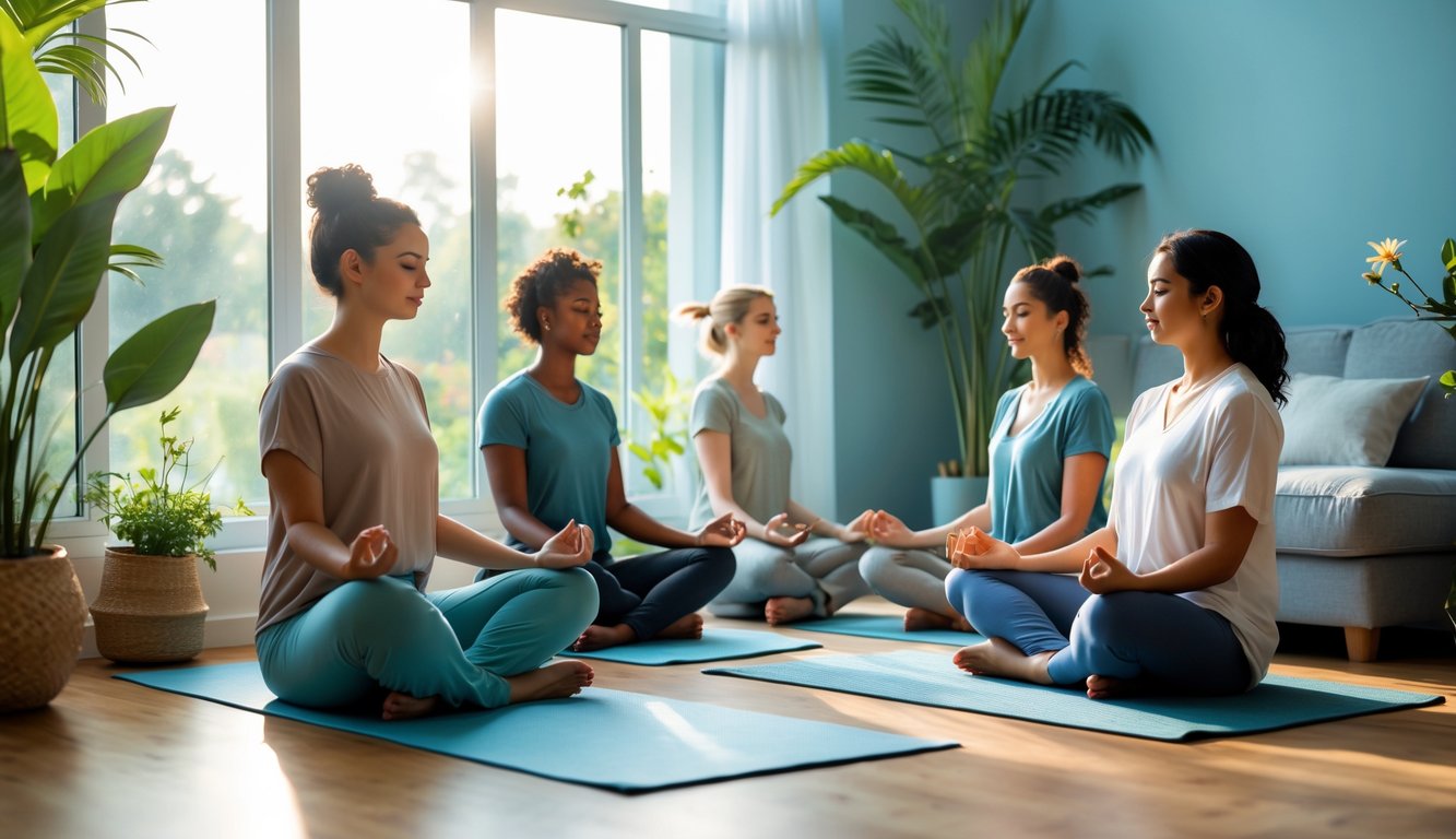 Orang-orang melakukan aktivitas santai seperti meditasi, menulis jurnal, dan yoga di ruangan yang terang dengan tanaman dan cahaya alami.