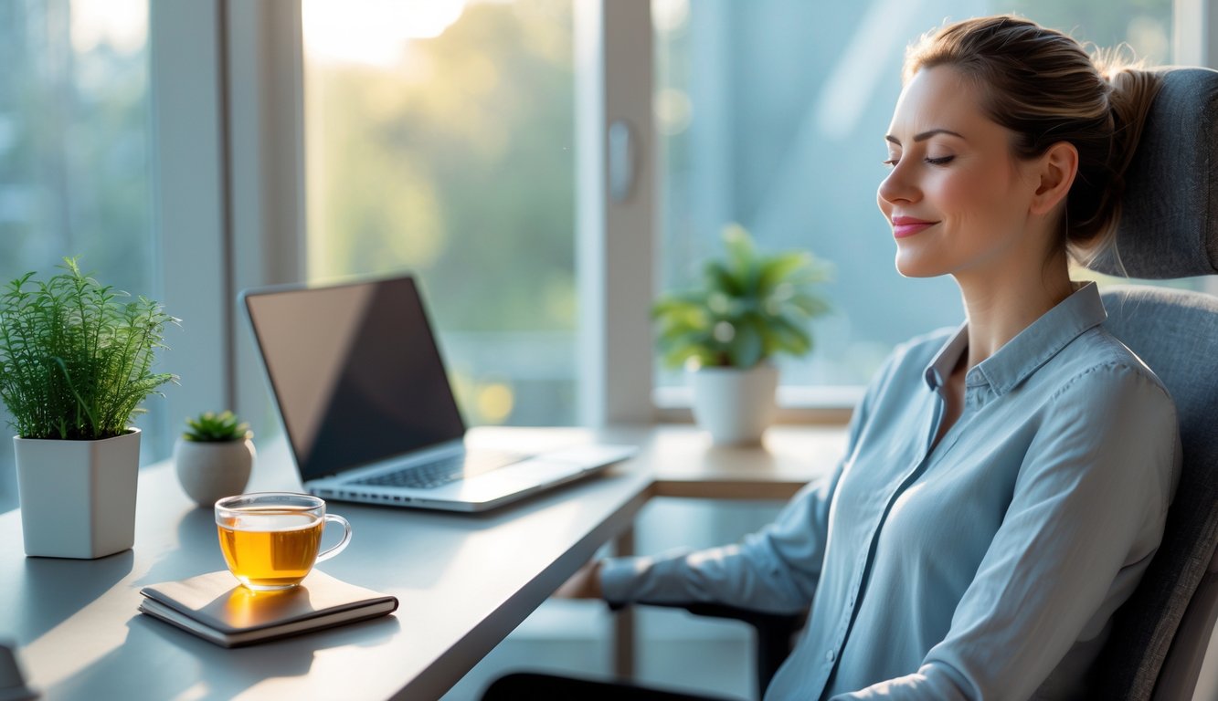 Seorang individu duduk santai di meja kerja yang rapi dengan laptop, teh herbal, dan tanaman kecil, menunjukkan suasana tenang dan nyaman untuk menjaga kesehatan mental.