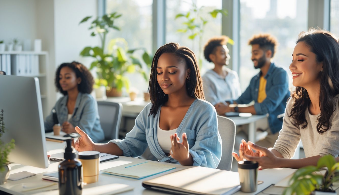 Beberapa orang muda di kantor modern sedang melakukan aktivitas relaksasi dan saling mendukung untuk menjaga kesehatan mental.