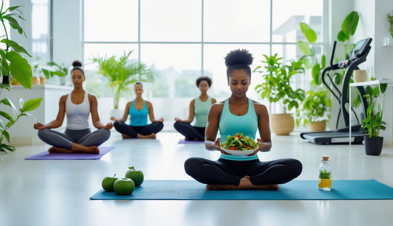 Orang-orang melakukan aktivitas sehat seperti meditasi, memasak salad, dan berlari di ruang yang terang dan penuh tanaman.