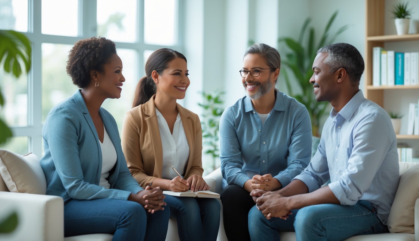 Tiga orang dewasa sedang berbicara di ruangan terapi yang terang dengan tanaman dan rak buku di latar belakang.