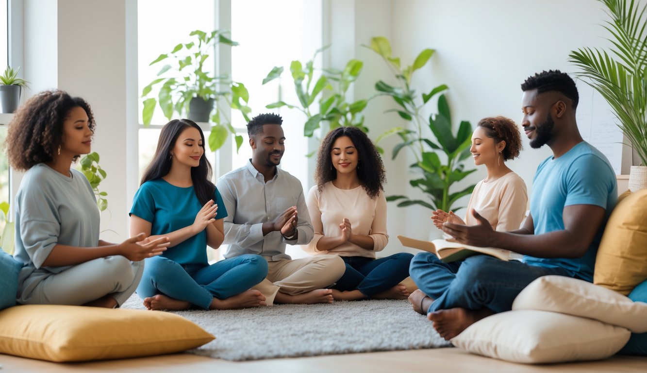 Beberapa orang sedang duduk santai di ruangan terang dengan tanaman dan bantal, melakukan aktivitas yang menenangkan seperti meditasi dan berbicara lembut.