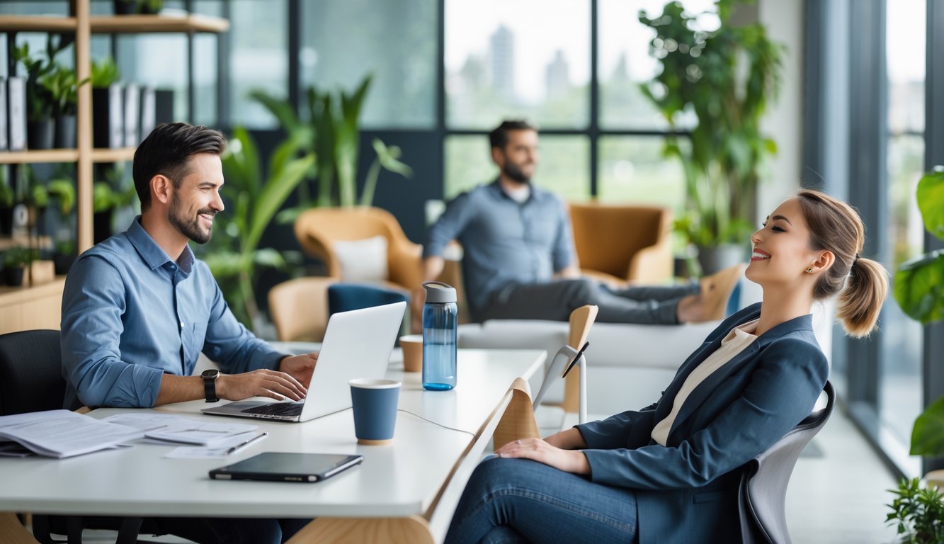 Karyawan kantor yang sedang bekerja dan beristirahat di ruang kerja modern dengan cahaya alami dan tanaman hijau.
