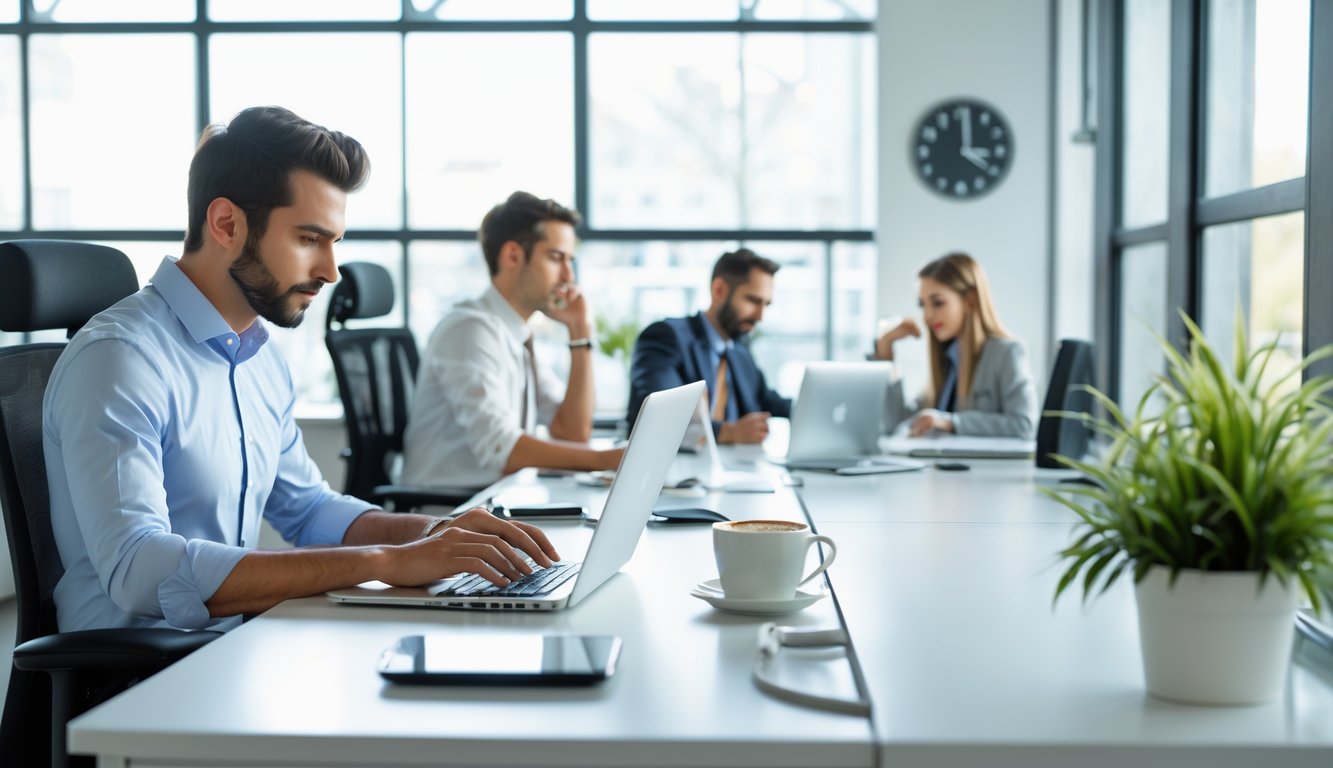Seorang karyawan kantor sedang bekerja di meja dengan laptop, sementara karyawan lain sedang beristirahat dan menikmati kopi di ruang kantor yang terang dan rapi.