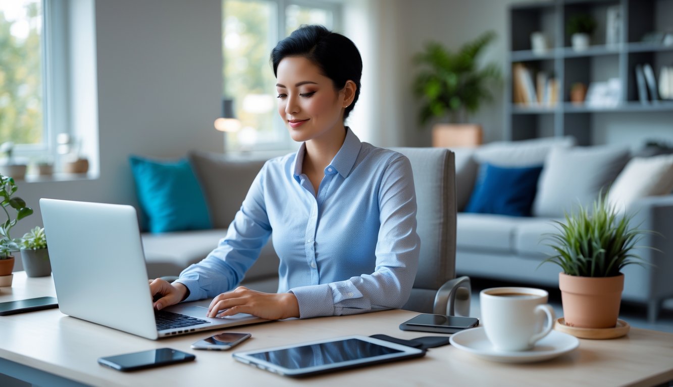 Seseorang duduk di meja kerja di rumah dengan laptop dan perangkat digital, dikelilingi tanaman dan foto keluarga, menunjukkan keseimbangan antara pekerjaan dan kehidupan pribadi.