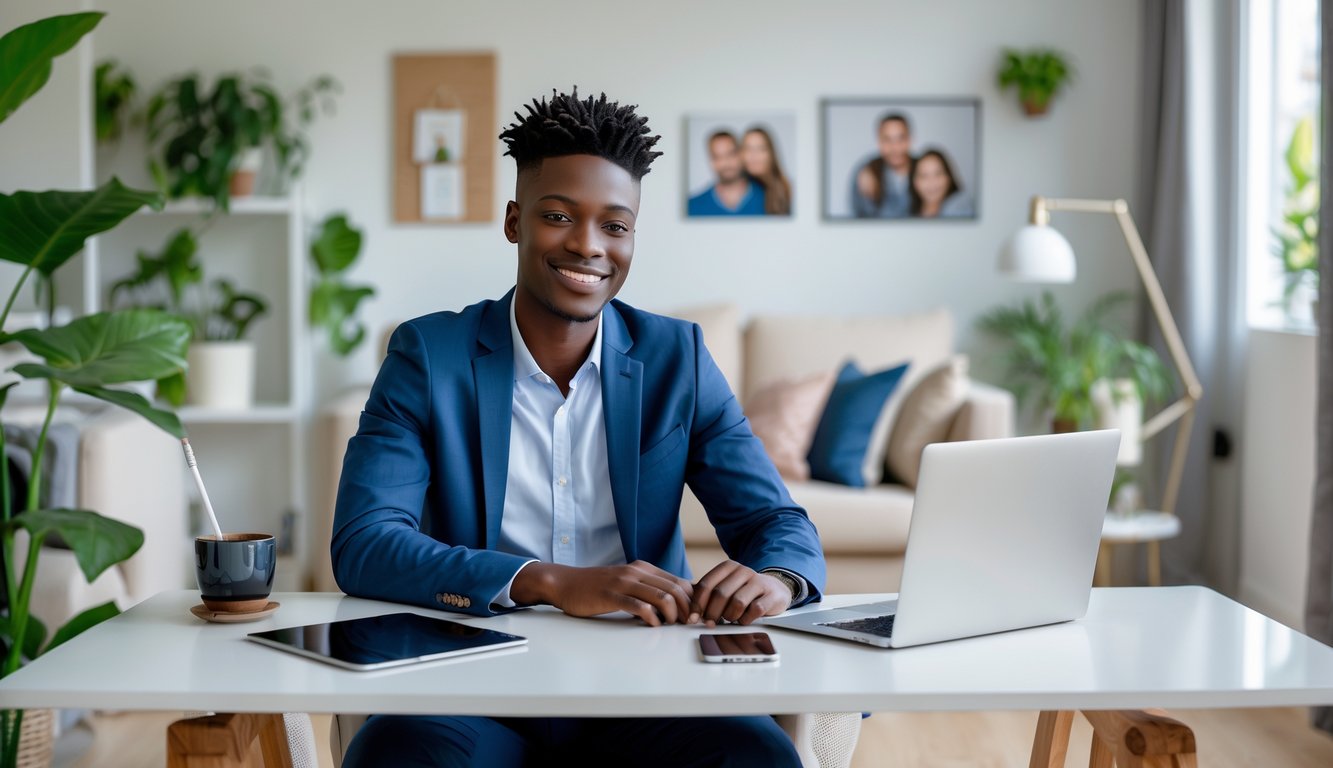 Seorang profesional muda tersenyum duduk di meja kerja dengan laptop di ruang rumah yang terang dan nyaman, menunjukkan keseimbangan antara kehidupan kerja dan pribadi.