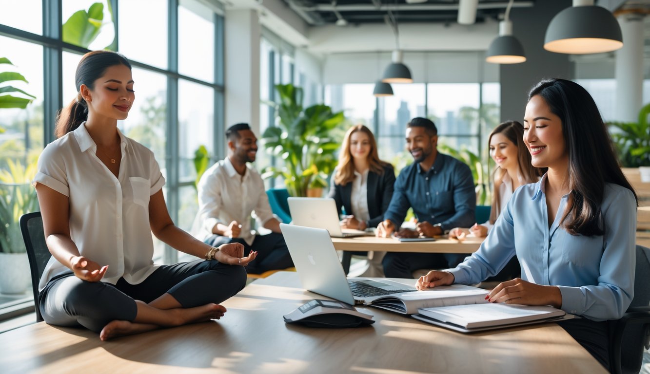 Orang-orang di kantor modern sedang melakukan berbagai aktivitas yang menunjukkan keseimbangan kerja dan kehidupan, seperti meditasi, berinteraksi dengan rekan kerja, dan mengatur jadwal dengan santai.