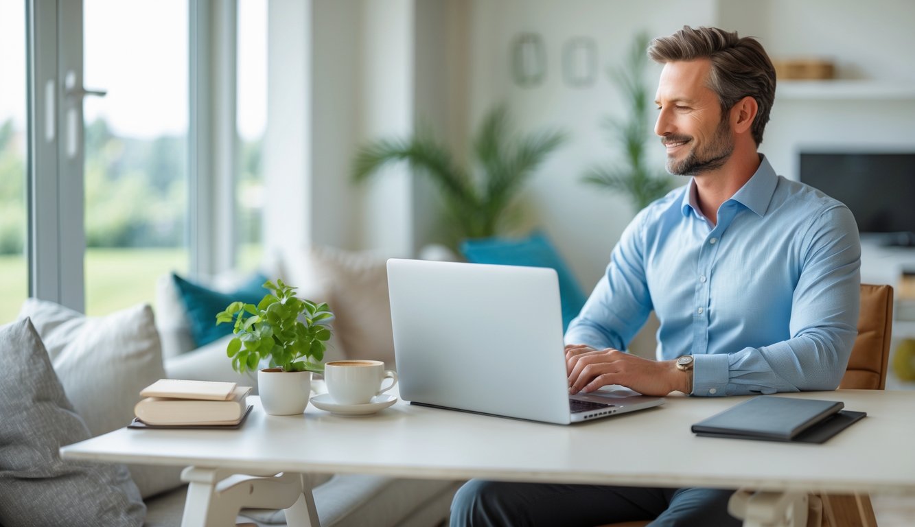 Seorang profesional duduk santai di meja kerja di rumah dengan cahaya alami, di dekat area ruang tamu yang nyaman, menunjukkan keseimbangan antara pekerjaan dan istirahat.