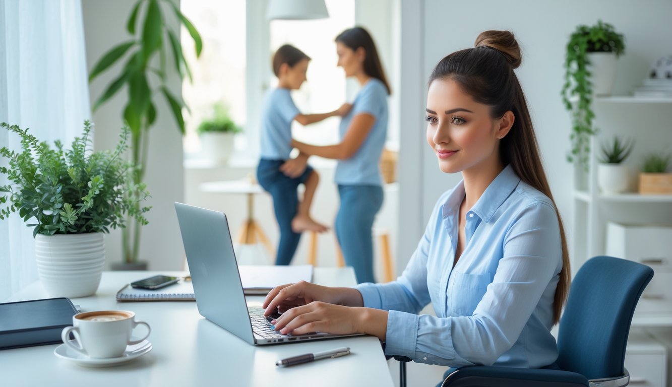 Seorang profesional muda bekerja di meja rumah yang rapi dengan suasana cerah, sementara di latar belakang terlihat keluarga sedang bermain bersama, menggambarkan keseimbangan antara kerja dan kehidupan pribadi.