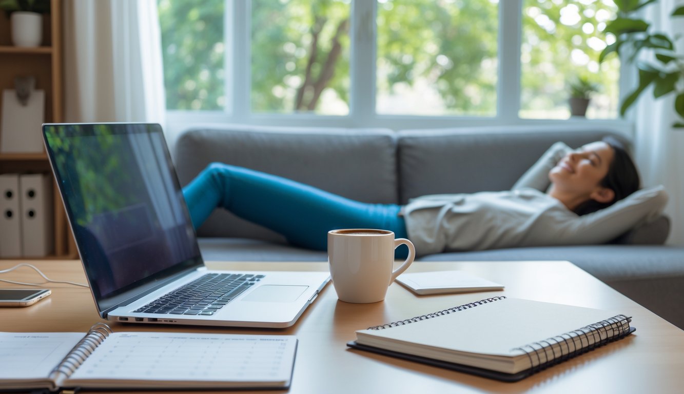 Seseorang sedang duduk di meja kerja yang rapi dengan laptop dan secangkir kopi, terlihat santai dan bahagia di ruang dengan cahaya alami dan tanaman di luar jendela.