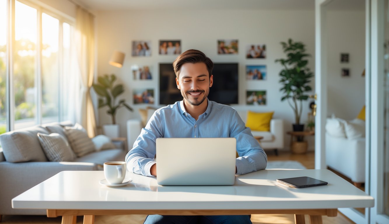 Seseorang duduk di meja kerja di rumah yang terang dengan jendela besar, bekerja dengan santai di laptop, di latar belakang terdapat ruang tamu yang nyaman dengan sofa dan tanaman hias.