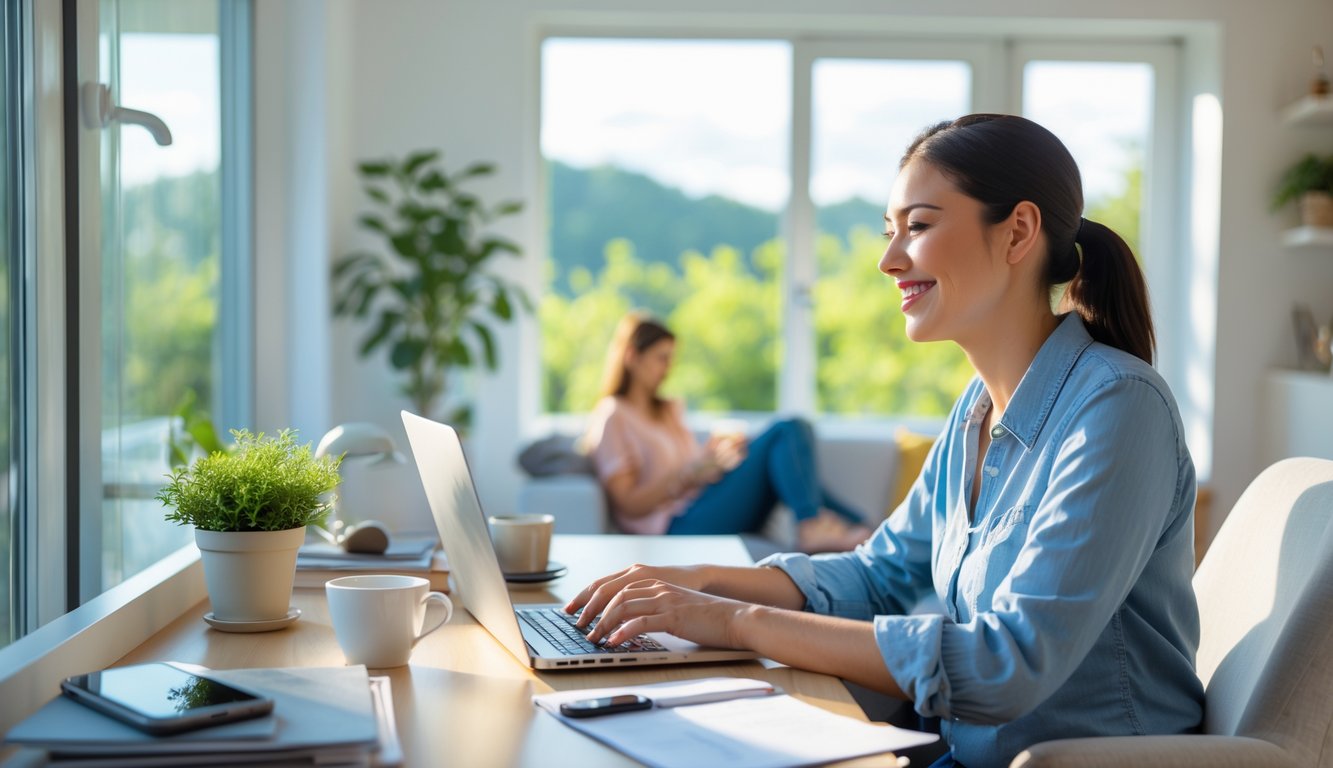 Seseorang bekerja di meja kantor rumah dengan suasana cerah dan keluarga terlihat di latar belakang, menunjukkan keseimbangan antara kerja dan kehidupan pribadi.