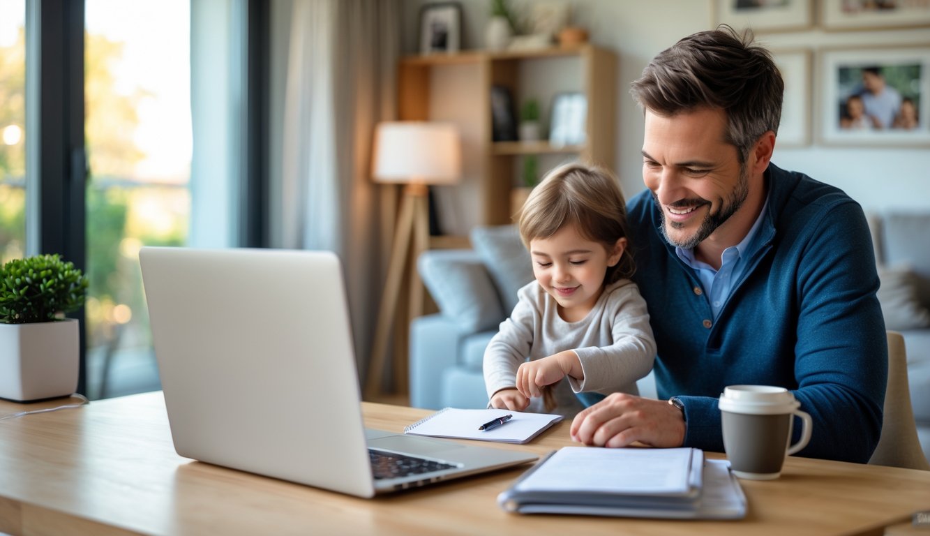 Orang tua tersenyum bermain dengan anak di ruang keluarga yang nyaman dengan meja kerja rapi di dekat jendela besar.