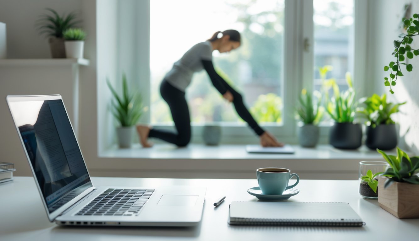 Seseorang sedang bekerja di meja rapi dengan laptop dan tanaman di dekat jendela, sambil melakukan peregangan ringan untuk menjaga keseimbangan kehidupan kerja.
