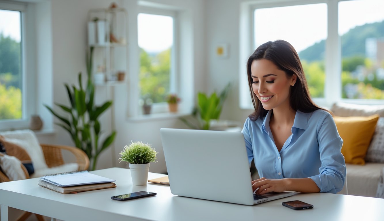 Seorang wanita muda bekerja di meja rapi di rumah dengan pemandangan ruang tamu yang nyaman di latar belakang.