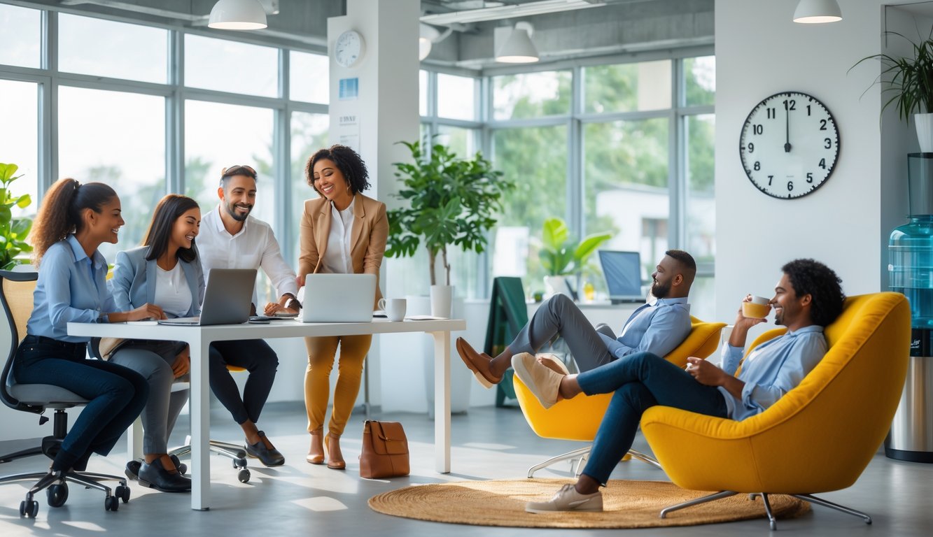 Karyawan di kantor modern yang sedang bekerja dan beristirahat dengan suasana seimbang dan nyaman.