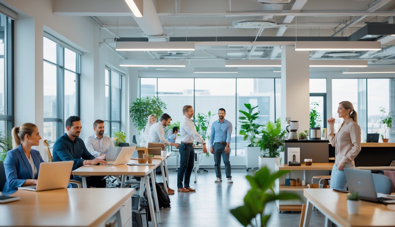 Karyawan di kantor modern yang cerah sedang bekerja dan beristirahat dengan suasana seimbang antara pekerjaan dan kehidupan.