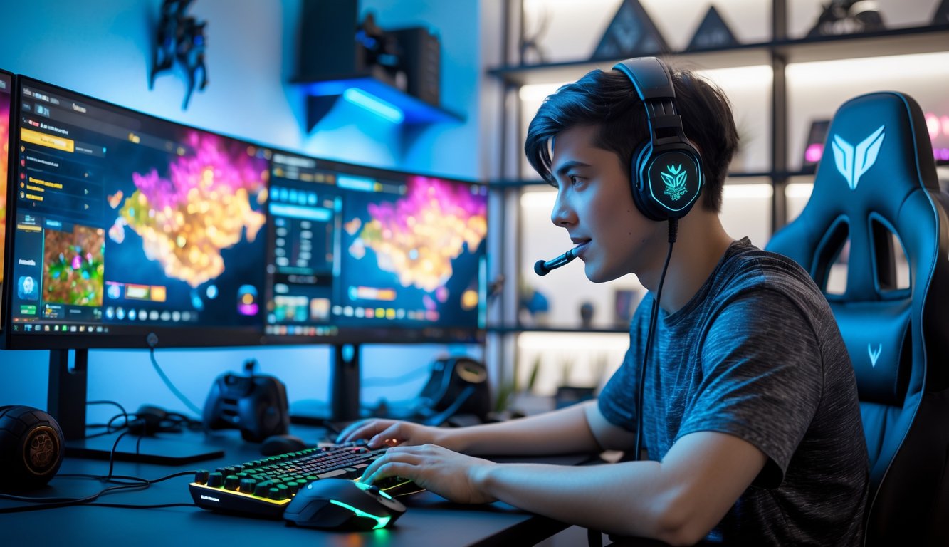 Seorang pria muda sedang bermain Valorant di depan komputer dengan headset dan peralatan gaming lengkap.