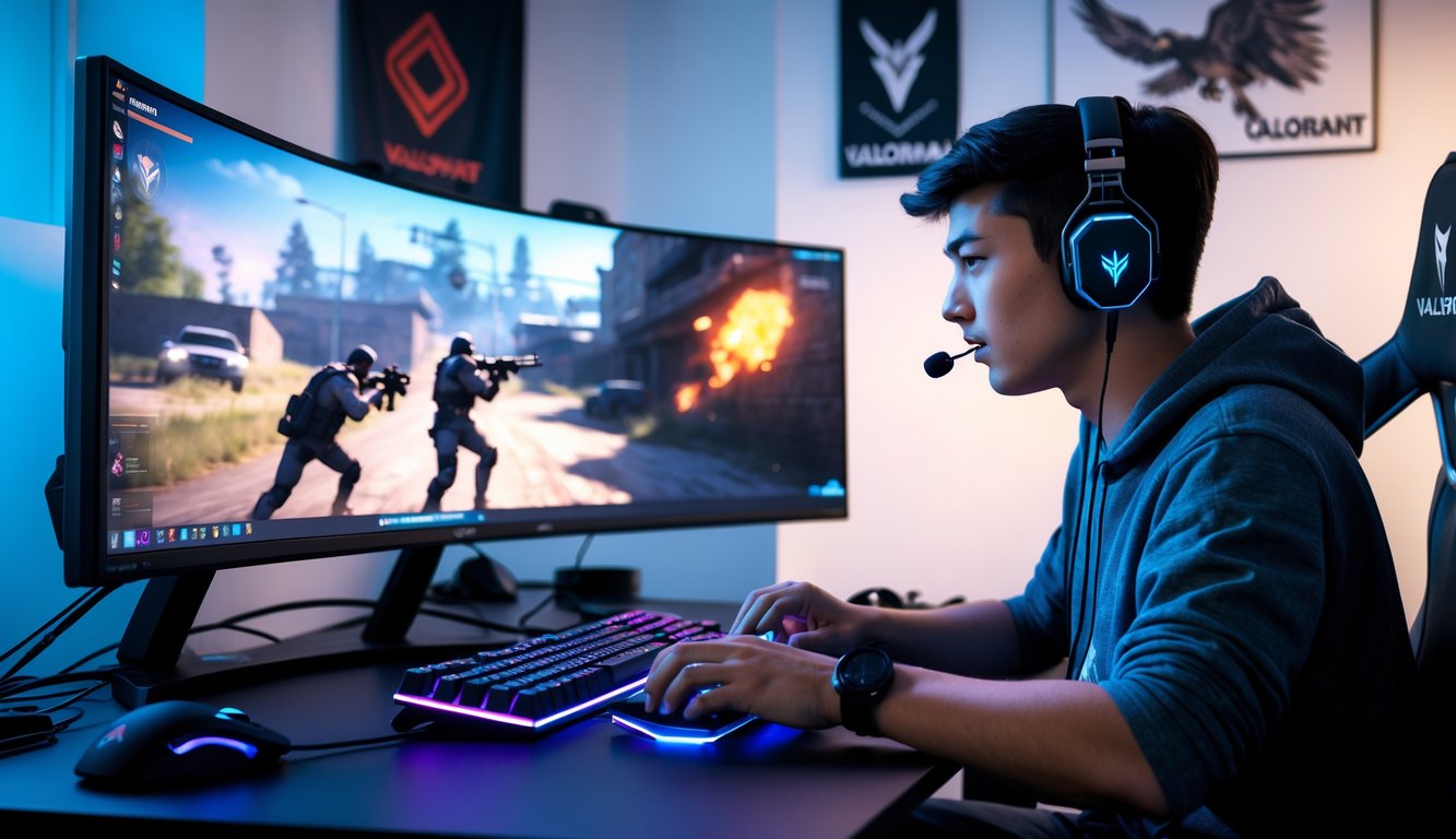 Seorang pemain muda sedang fokus bermain video game tembak-menembak di meja gaming dengan monitor besar dan perangkat gaming di dalam ruangan yang rapi.