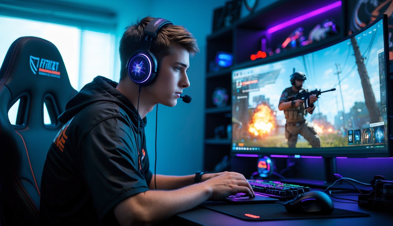 Seorang pemain muda fokus bermain game tembak-menembak di depan komputer dengan peralatan gaming modern di ruangan yang diterangi lampu warna-warni.