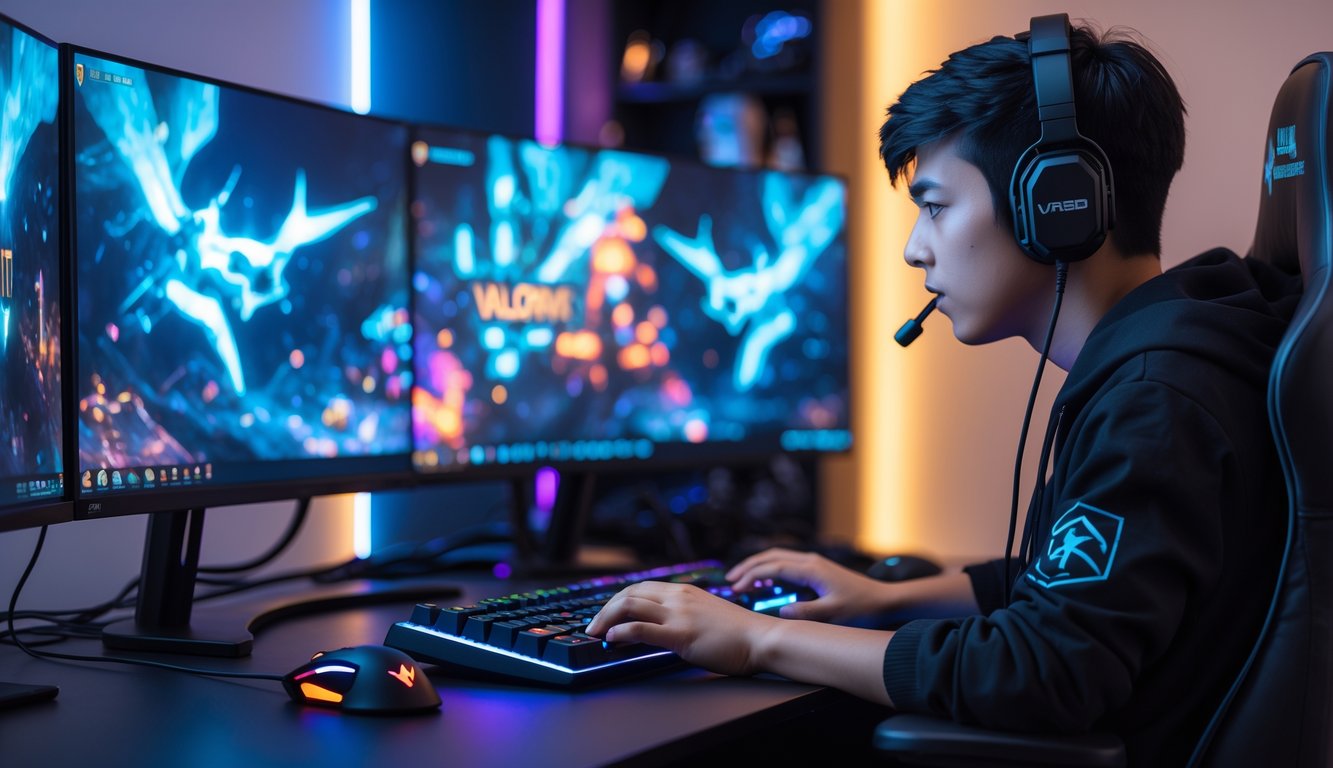 Seorang pemain muda sedang fokus bermain Valorant di depan komputer dengan dua monitor di ruangan yang terang.